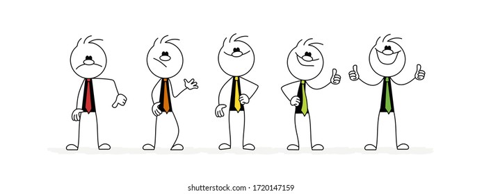 Man Shows His Energy Level, From Fully Charged To Discharged. Vector Stickman Cartoon Character Illustration.