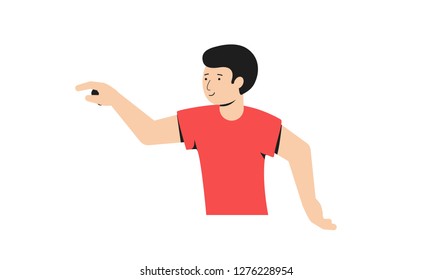 The man shows his finger. The man in the t-shirt is pointing at something. Vector illustration.