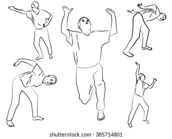man shows his hand, bends, support runs, pencil drawings