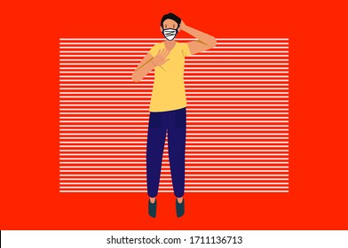 Der Mensch zeigt seine Hand in einer medizinischen Maske, Schutz gegen Koronavirus, Grippe, Luftverschmutzung, Vektorillustration-Illustration