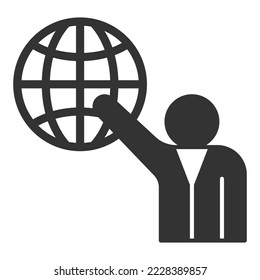 Man shows his hand to the globe - icon, illustration on white background, glyph style