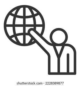 Man shows his hand to the globe - icon, illustration on white background, outline style