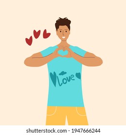 A man shows with his hands a gesture of heart, love. Romantic guy. Vector illustration in flat style