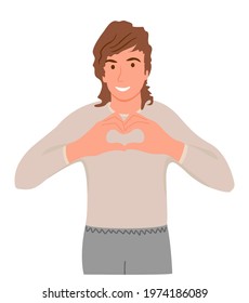 A man shows with his hands a gesture of heart, love. Young guy sincerely smiling, making a heart gesture near his chest and standing for a white background. The guy shows love. Vector illustration