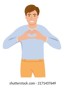 Ein Mann zeigt mit seinen Händen eine Geste des Herzens, der Liebe. Person, die Liebe mit Händen ausdrückt, Herzersteck aus den Fingern machen.  Ich bin in dich verliebt. Romantischer Typ. Vektorgrafik in Flachstil
