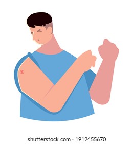 man shows his shoulder after receiving a vaccine vector illustration