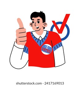 The man shows his thumbs up. The inscription on the badge is I voted. State elections. Selecting a candidate for political office. Vector illustration on a social theme.