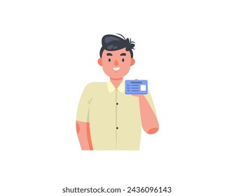 a man shows an identity card. holding a resident ID card or driving card. gesture or pose. handsome male character. flat and cartoon style illustration concept design. graphic elements. Vector