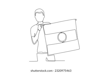 A man shows the Indian flag. India independence day one-line drawing