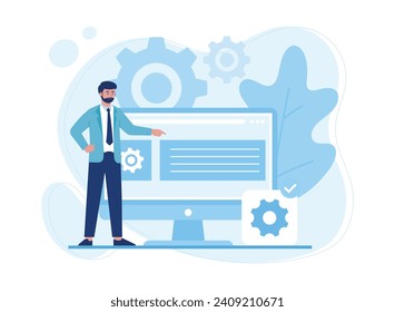 the man shows the management website page on the monitor screen trending concept flat illustration