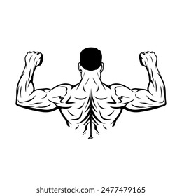 a man shows off his strong arms and back muscles black and white vector illustration