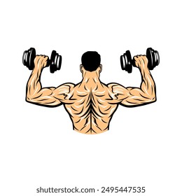 a man shows off his strong arms and back muscles lifting dumbbells vector illustration