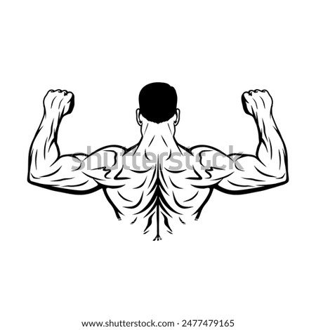 a man shows off his strong arms and back muscles black and white vector illustration
