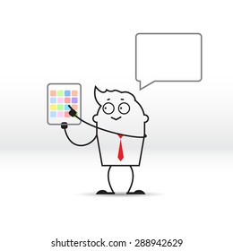 Man shows off your tablet . Vector cartoon illustration.