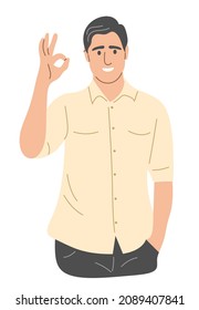 El hombre muestra el gesto correcto. El tipo está de acuerdo. Ilustración vectorial plana.