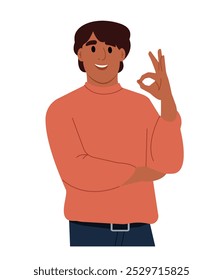 Man shows an OK sign with his hand. Satisfied man approving something. Vector flat illustration isolated on white background