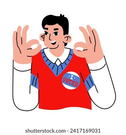 The man shows an okay gesture. The inscription on the badge is I voted. State elections. Selecting a candidate for political office. Vector illustration on a social theme.