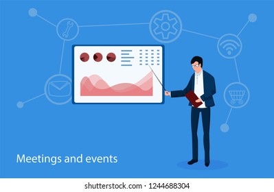 The man shows on the board and explains the lesson to the audience. Studying online, education, teaching, knowledge for employees. Joint staff meetings. Vector illustration, business project 