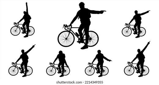 El hombre muestra con una mano la dirección: arriba, abajo, a un lado. Deporte. Ciclismo. Silueta negra masculina. Un hombre con un traje y un casco protector, parado con un pie en los pedales de una bicicleta