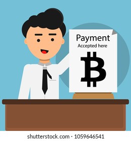 man shows paper bitcoin payment accepted here.future concept