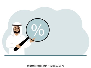 A man shows a percent sign through a magnifying glass. Vector flat illustration
