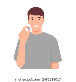 Man shows pills in his hand. Pain reliever or relief medicine, health care concept. Vector illustration