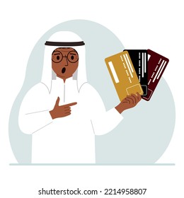 A man shows plastic cards. The concept of choosing a bank, terms of deposits and loans. Vector flat illustration