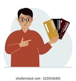 A man shows plastic cards. The concept of choosing a bank, terms of deposits and loans. Vector flat illustration