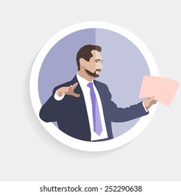 El hombre muestra contrato de matrícula. Gerente, entrenador, orador, desempeño, atractivo. Infografía, perfil, Web.. Orador. Carácter. Imagen. Icono. Vector.