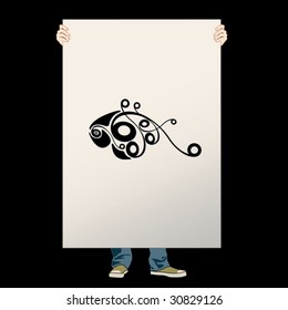 man shows the poster on a black background