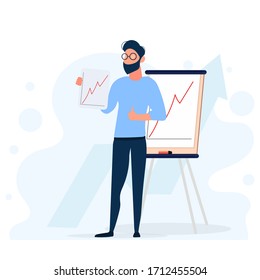 A man shows a presentation. The guy shows a report with positive dynamics. Board for paper. Infographics. Business growth. Vector illustration.