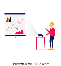 Man shows a presentation through a projector, business. Flat style vector illustration