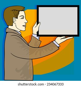 Man shows. A man in profile holding in his outstretched hands, poster, board.