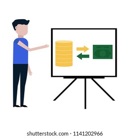 Man shows a report, money exchange icon 
isolated on white background