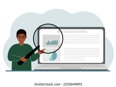 A man shows a report, a presentation on a laptop with a magnifying glass vector illustration. Financial business analysis, audit, planning concept. Vector flat illustration