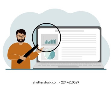 A man shows a report, a presentation on a laptop with a magnifying glass vector illustration. Financial business analysis, audit, planning concept. Vector flat illustration