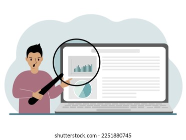 A man shows a report, a presentation on a laptop with a magnifying glass vector illustration. Financial business analysis, audit, planning concept. Vector flat illustration