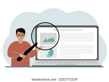 A man shows a report, a presentation on a laptop with a magnifying glass vector illustration. Financial business analysis, audit, planning concept. Vector flat illustration