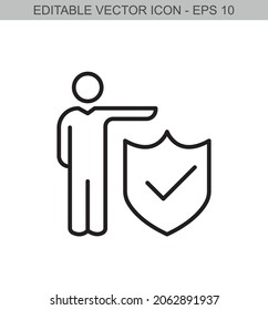 Un hombre muestra una tarjeta de seguridad con una marca de verificación. Icono de línea de trazo editable. Ilustración vectorial.