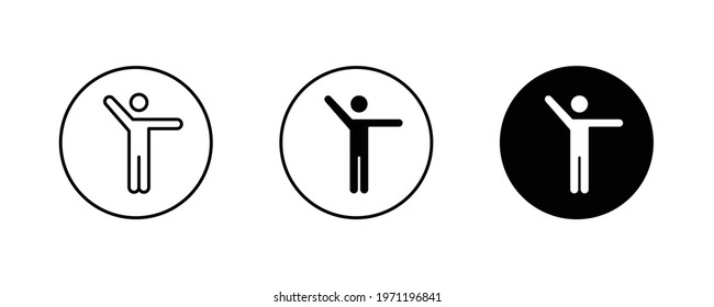 Man shows, showing stick figure positions, human icons button, vector, sign, symbol, logo, illustration, editable stroke, flat design style isolated on white linear pictogram