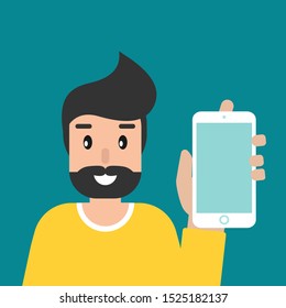 Man shows smartphone screen. creative hipster work or study. flat vector illustration turquoise background. phone presentation, sales, promotion. 