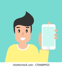 Man shows smartphone screen. creative hipster work or study. flat vector illustration turquoise background. phone presentation, sales, promotion. Remote job, distant education