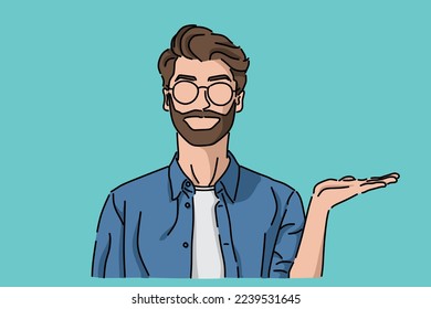 El hombre muestra algo en su mano. Imagen plana
