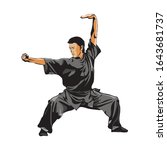 A man shows a standing position of Wushu. Wushu art. Kung Fu. Vector illustration
