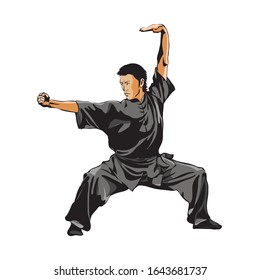 Ein Mann zeigt eine stehende Position von Wushu. Wushu art. Kung Fu. Vektorillustration