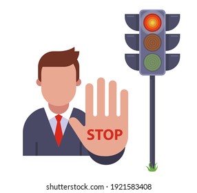 Der Mann zeigt an der roten Ampel eine Stoppbewegung. die Verkehrsregeln einhalten. flache Vektorgrafik.