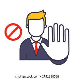 Mann zeigt ein Stoppschild. Gestenhalt auf weißem Hintergrund. flache Vektorgrafik.