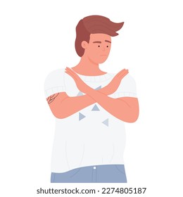 El hombre muestra que deja de advertir que las manos firmen. Rechazo de armas cruzadas, diciendo que no hay ilustración vectorial