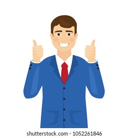 	
Man shows thumbs up isolated on white background. Modern business man showing okay sign. For web site,poster,placard and app. Creative art concept, vector illustration eps 10