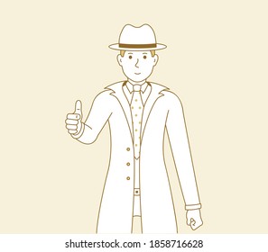 Man shows thumbs up, vector illustration of a guy in a good mood showing a gesture of approval or okay. Men detective cartoon art